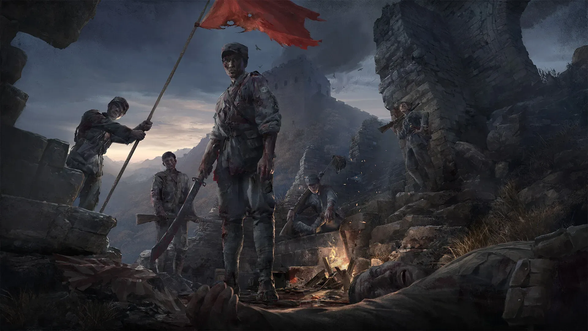 Resistance fighters among stone ruins in The Defiant Taihang Mountains artwork